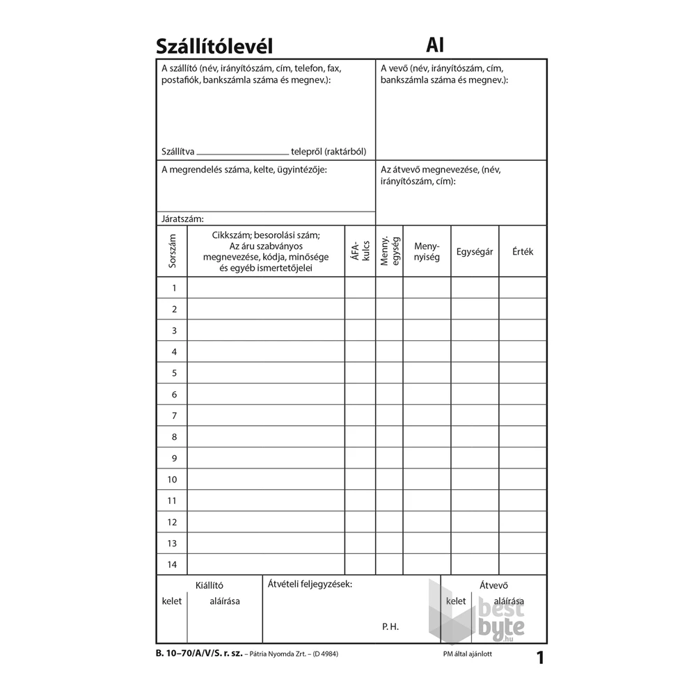 B.10-70/A/V/S A5 25x4lapos álló "Szállítólevél" tömbös nyomtatvány