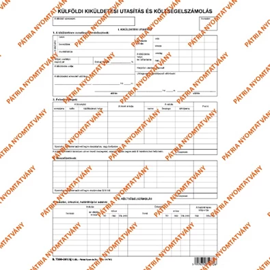 B.7300-261/UJ A4 álló "Külföldi kiküldetési utasítás és költségelszámolás" nyomtatvány