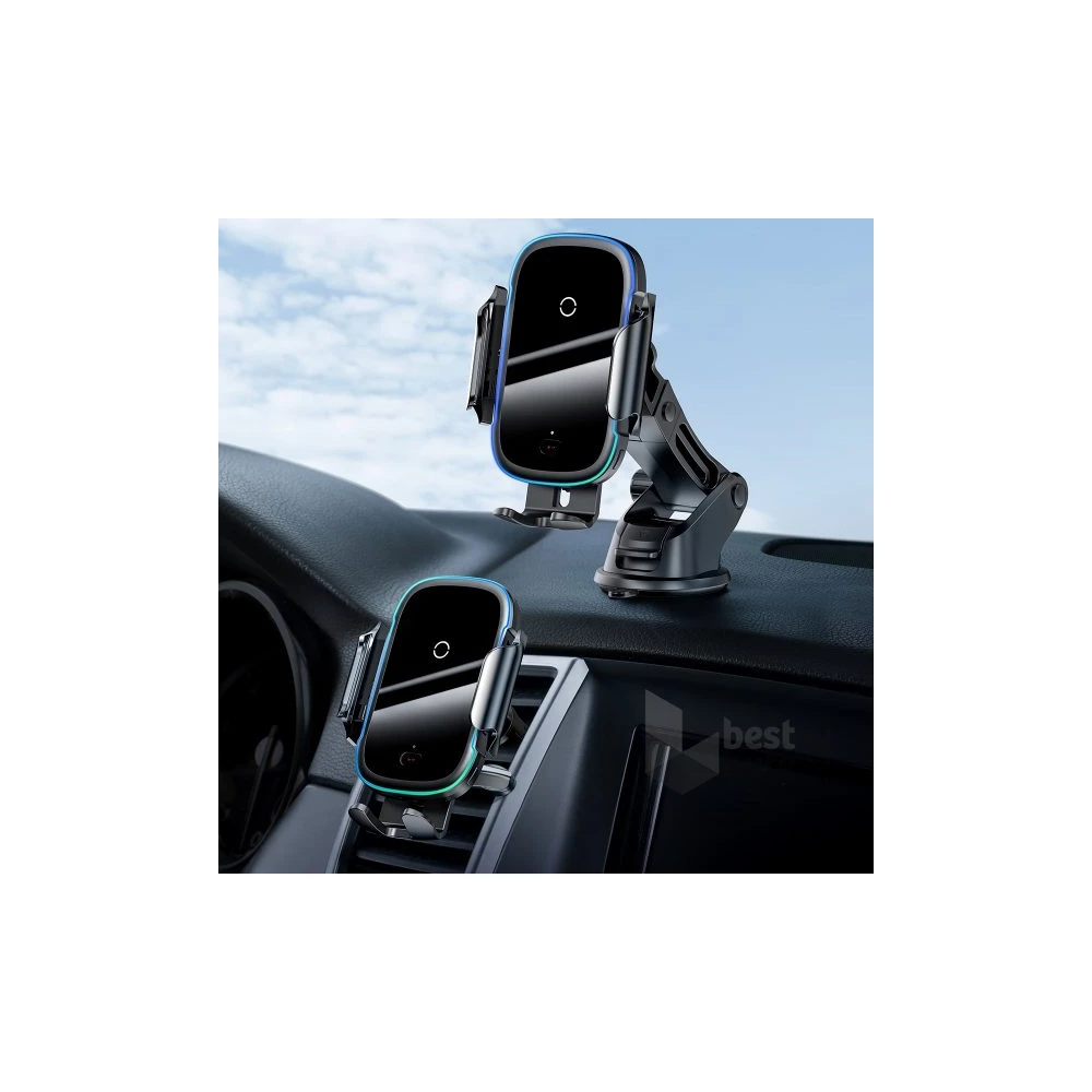 Baseus Car Mount 4,7-6,5" vezeték nélküli műszerfalra és szellőzőrácsba rögzíthető fekete autós Qi töltő és telefontartó