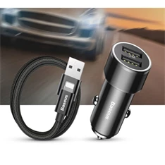 Baseus Small Screw 3,4A dual USB fekete autós töltő + USB to Lightning kábel