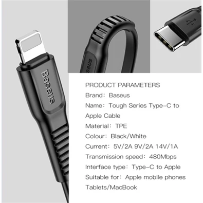 Baseus Tough Series 2m Lightning > USB Type-C fekete töltő és adatkábel