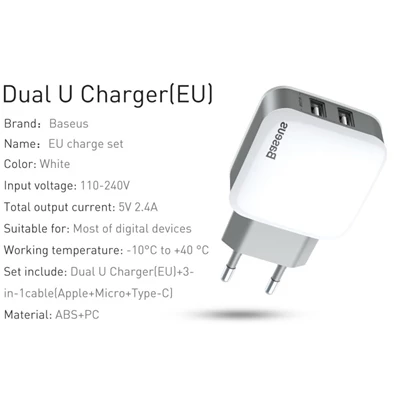 Baseus Travel Letour Dual USB fehér hálózati töltő + 1,2m 3-in-1kábel (Lighting+Micro+Type-C)