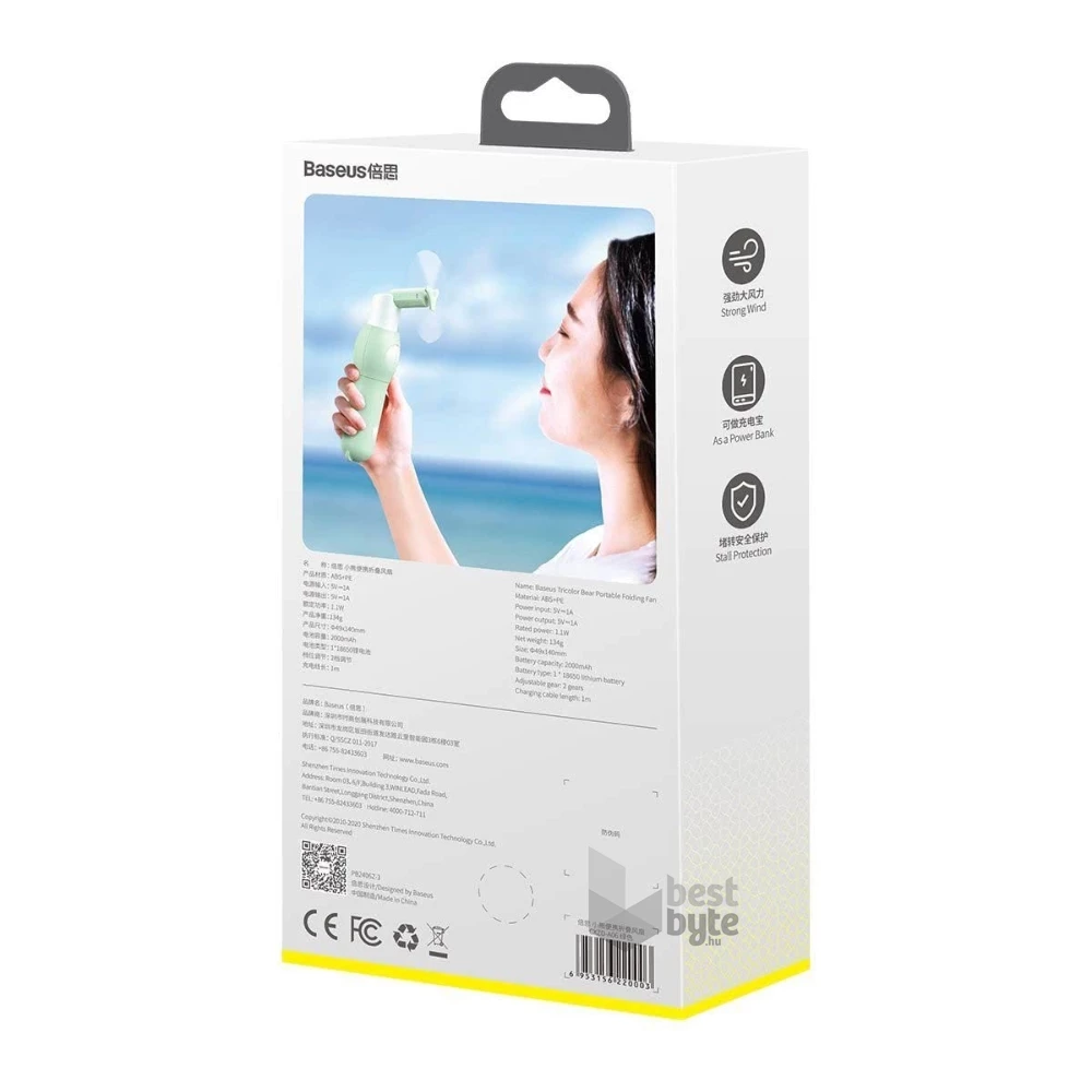 Baseus Tricolor bear 2000mAh zöld hordozható ventilátor és power bank