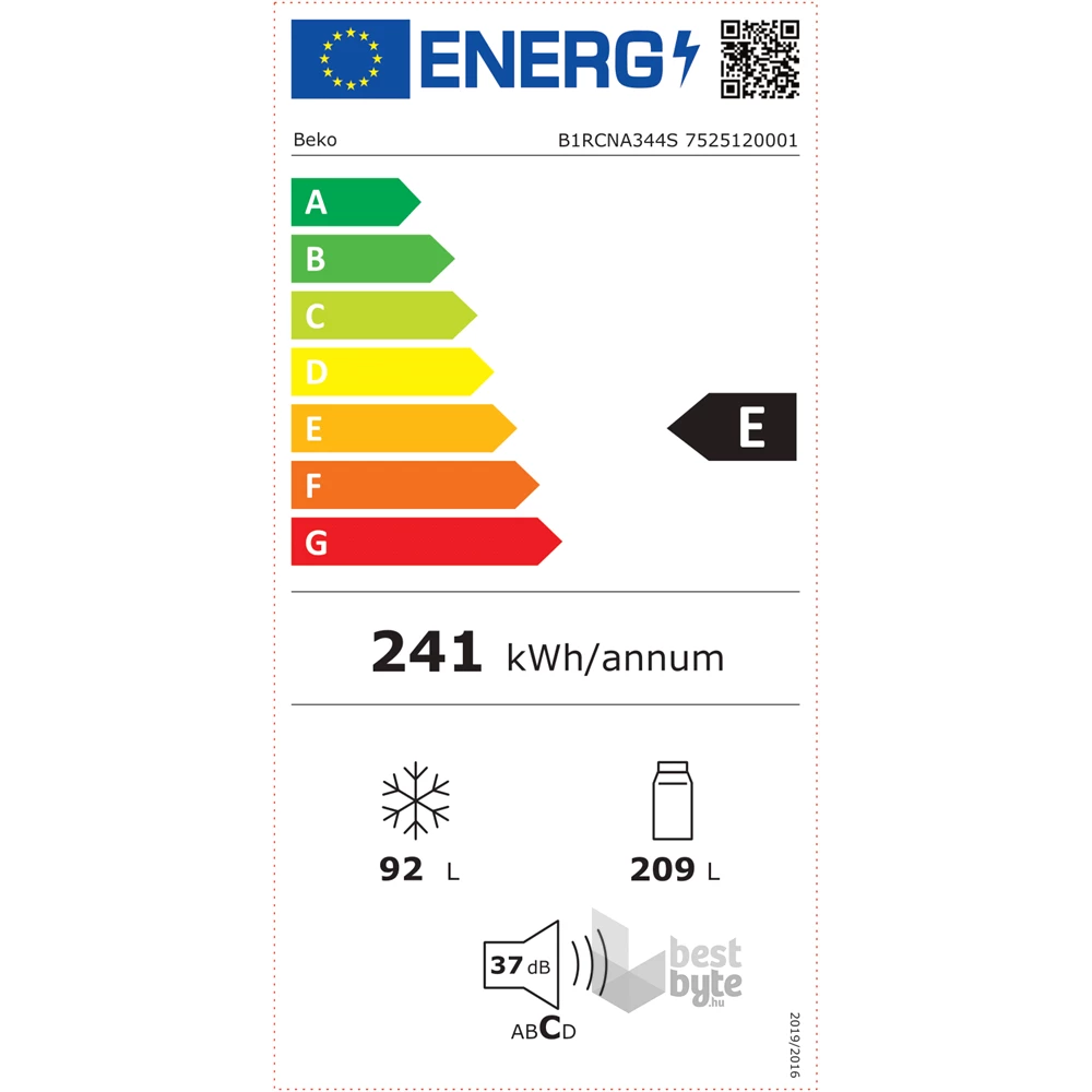 Beko B1RCNA344S ezüst, alulfagyasztós, Hűtő:209L, Fagyasztó:92L, No frost hűtőszekrény
