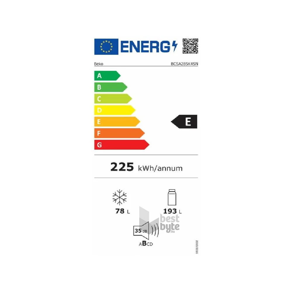 Beko BCSA285K4SN fehér, alulfagyasztós, beépíthető, Hűtő:193L, Fagyasztó:78L, hűtőszekrény