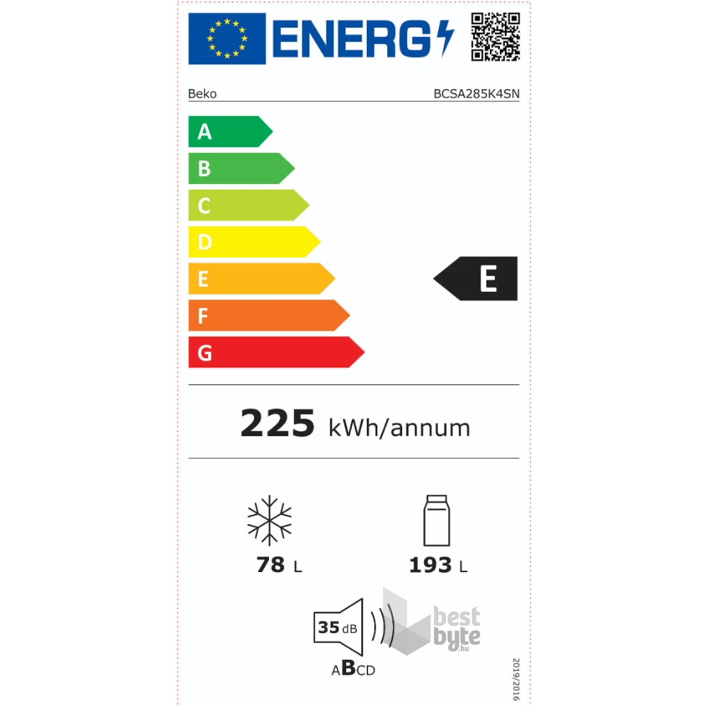 Beko BCSA285K4SN fehér, alulfagyasztós, beépíthető, Hűtő:193L, Fagyasztó:78L, hűtőszekrény