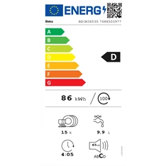 Beko BDIN36535 programok száma: 5, beépíthető, 15 terítékes mosogatógép 