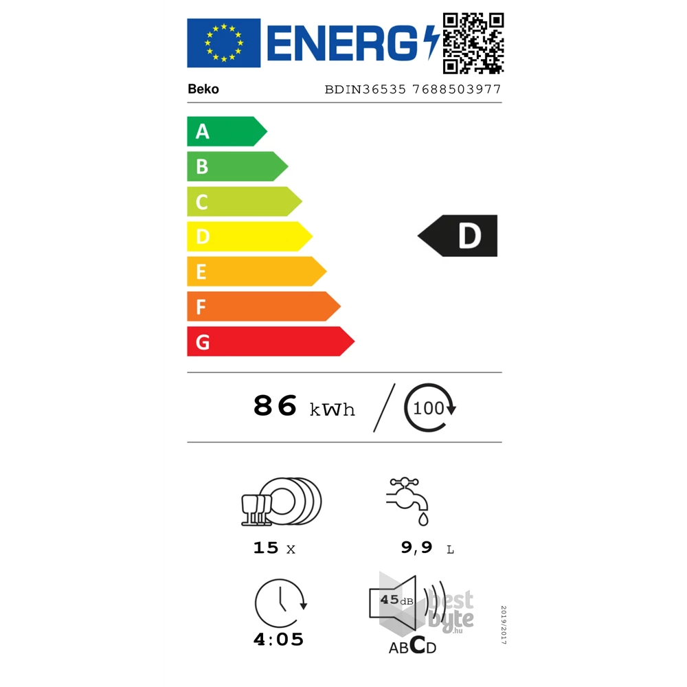 Beko BDIN36535 programok száma: 5, beépíthető, 15 terítékes mosogatógép 