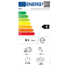 Beko BDIS38120Q beépíthető keskeny 11 terítékes mosogatógép