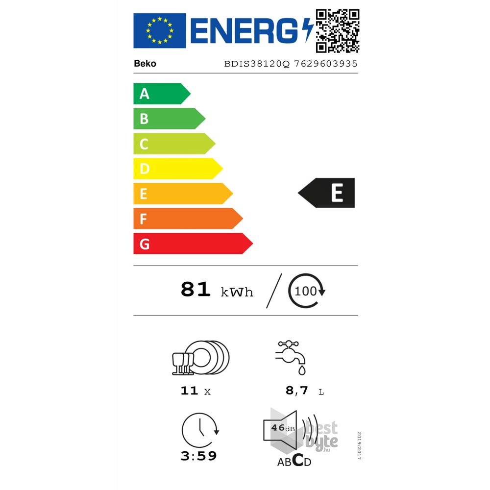 Beko BDIS38120Q programok száma: 8, keskeny beépíthető, 11 terítékes mosogatógép 