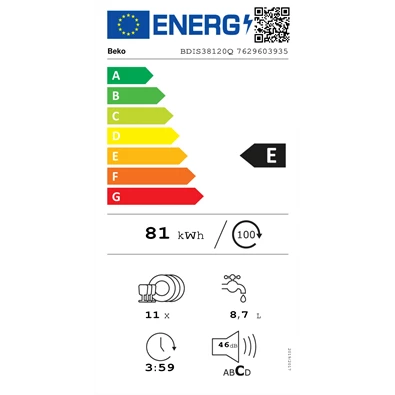 Beko BDIS38120Q beépíthető keskeny 11 terítékes mosogatógép