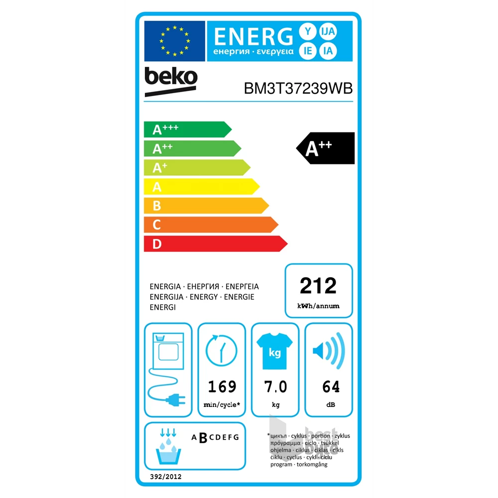Beko BM3T37239WB fehér, 7 kg, hőszivattyús, szárítógép