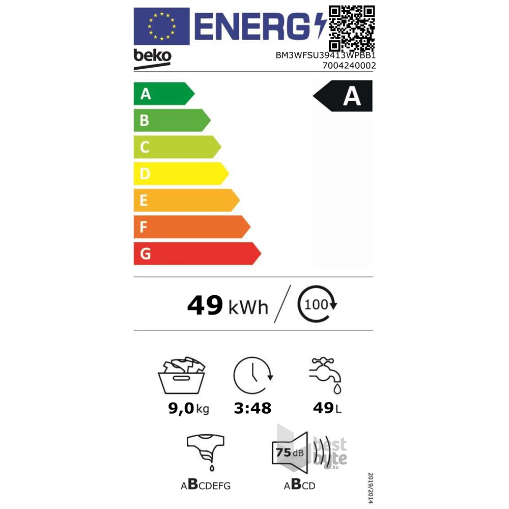 Beko BM3WFSU39413WPBB fehér, elöltöltős, max.1400ford., 9 kg, mosógép
