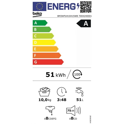 Beko BM3WFU410415WB 10 kg elöltöltős mosógép