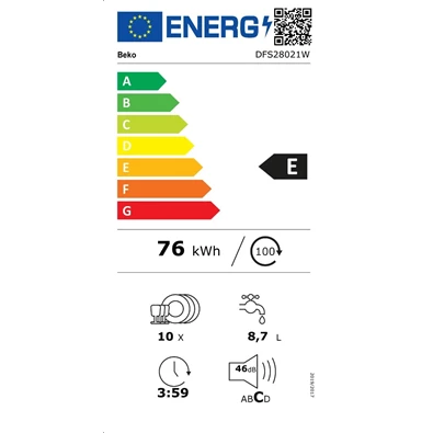 Beko DFS28021W fehér, programok száma: 8, keskeny szabadonálló, 10 terítékes mosogatógép 