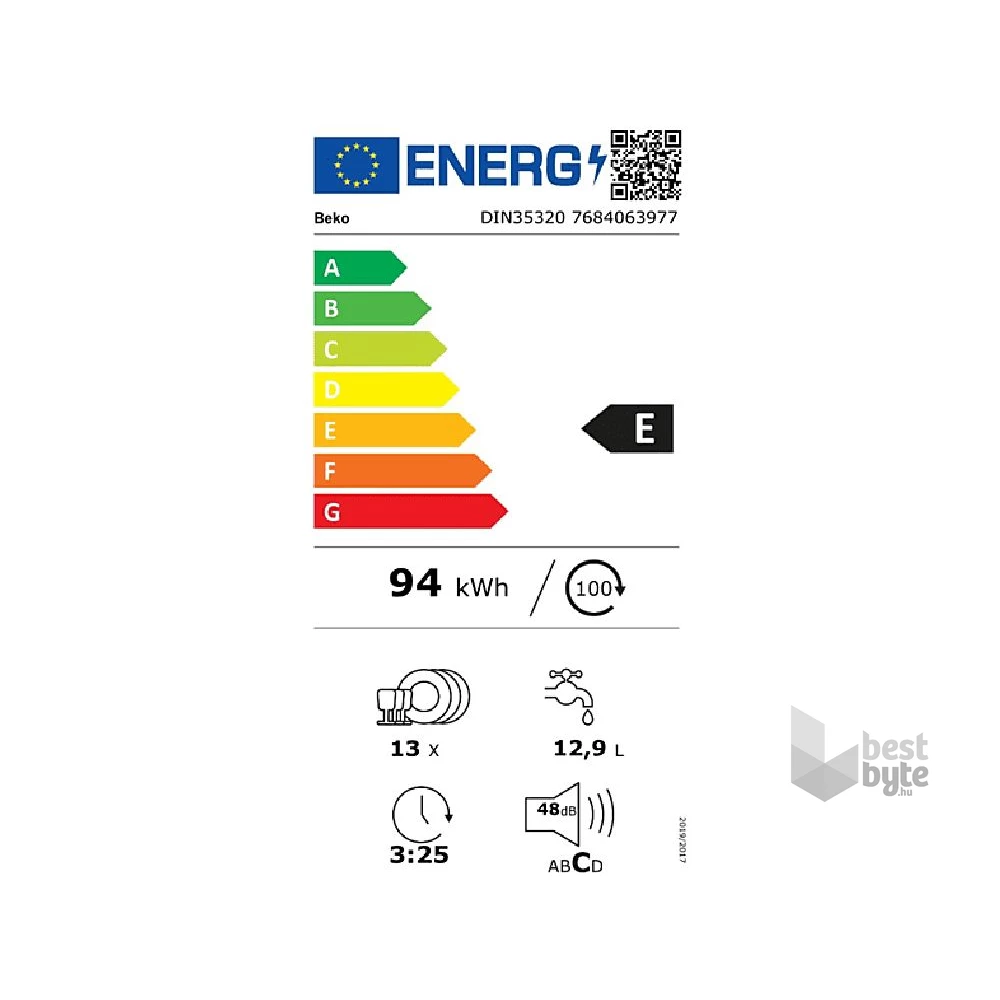Beko DIN35320 programok száma: 5, beépíthető, 13 terítékes mosogatógép 