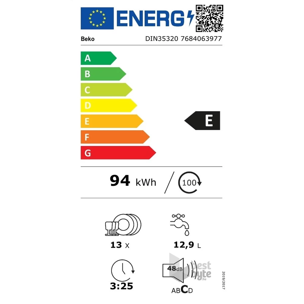 Beko DIN35320 programok száma: 5, beépíthető, 13 terítékes mosogatógép 