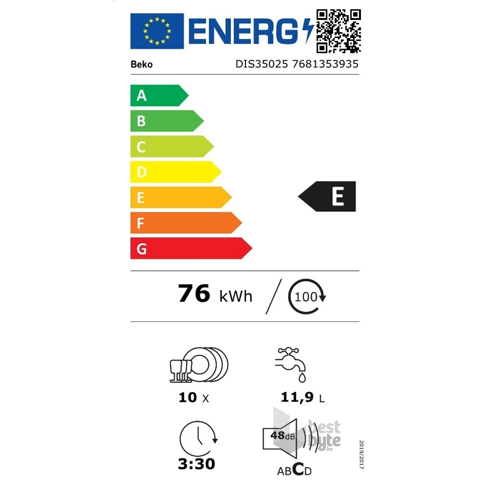 Beko DIS35025 programok száma: 5, keskeny beépíthető, 10 terítékes mosogatógép 