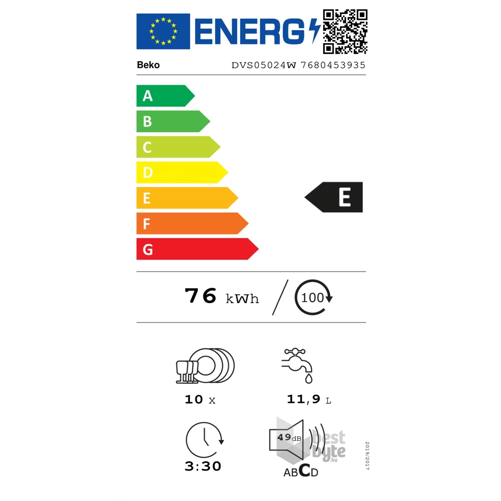 Beko DVS05024W fehér, programok száma: 5, keskeny szabadonálló, 10 terítékes mosogatógép 