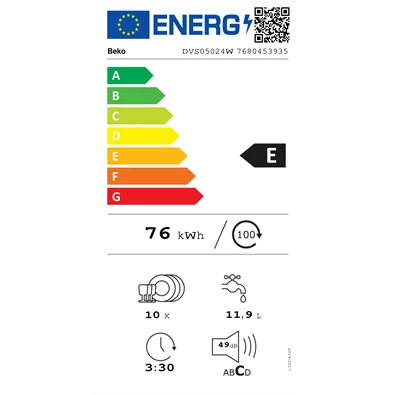 Beko DVS05024W fehér, programok száma: 5, keskeny szabadonálló, 10 terítékes mosogatógép 