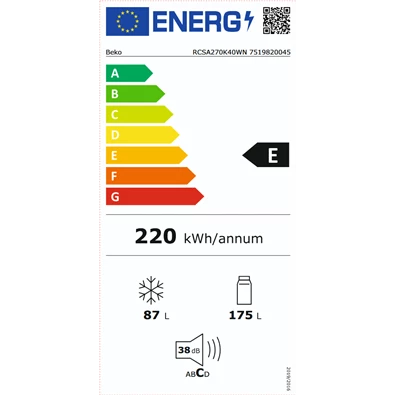 Beko RCSA270K40WN alulfagyasztós hűtőszekrény