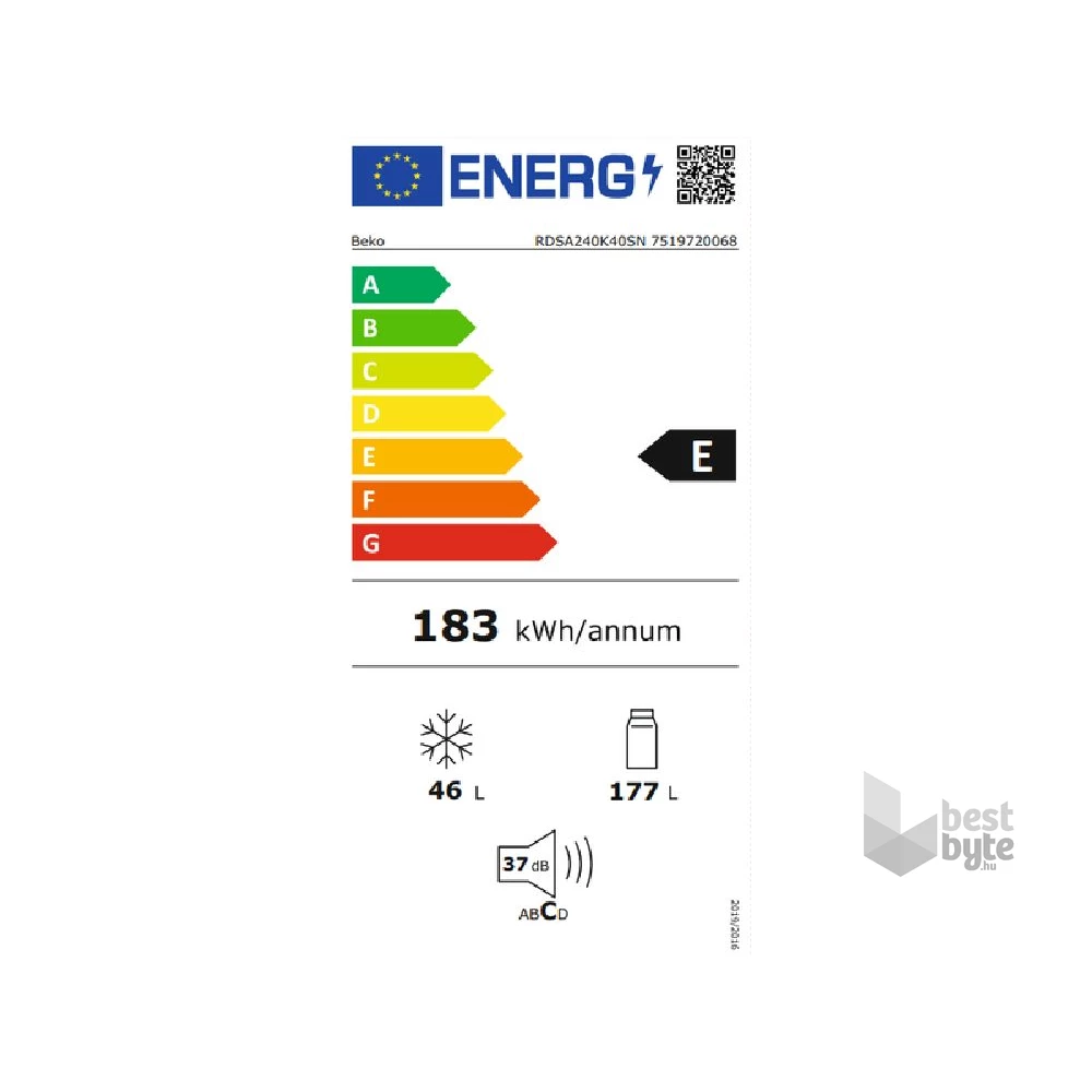 Beko RDSA240K40SN ezüst, felülfagyasztós, Hűtő:177L, Fagyasztó:46L, hűtőszekrény