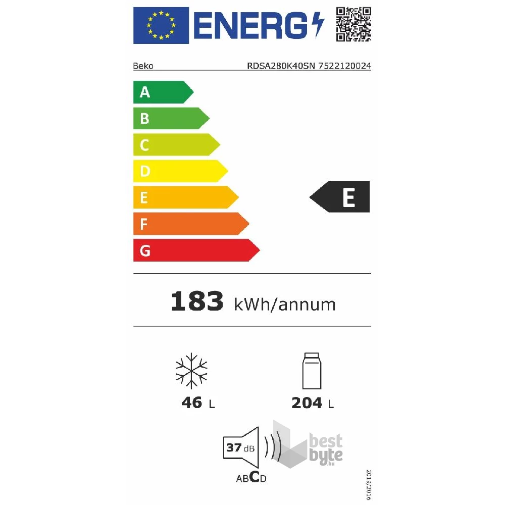 Beko RDSA280K40SN ezüst, felülfagyasztós, Hűtő:204L, Fagyasztó:46L, hűtőszekrény