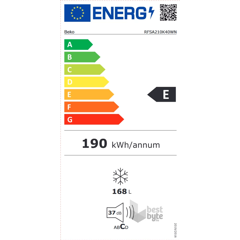 Beko RFSA210K40WN fehér, Hűtő:L, Fagyasztó:168L, fagyasztószekrény