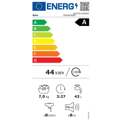 Beko WUE7612XBWS fehér, elöltöltős, keskeny, max.1200ford., 7 kg, mosógép