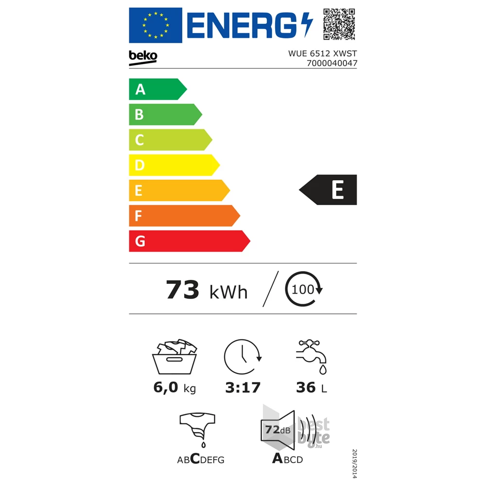 Beko WUE 6512 XWST fehér, elöltöltős, keskeny, max.1000ford., 6 kg, mosógép