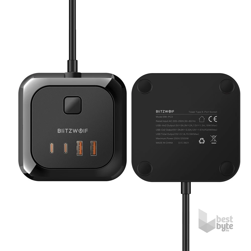 BlitzWolf BW-PC3 8 aljzat 2m 2xUSB/2xType-C fekete elosztó