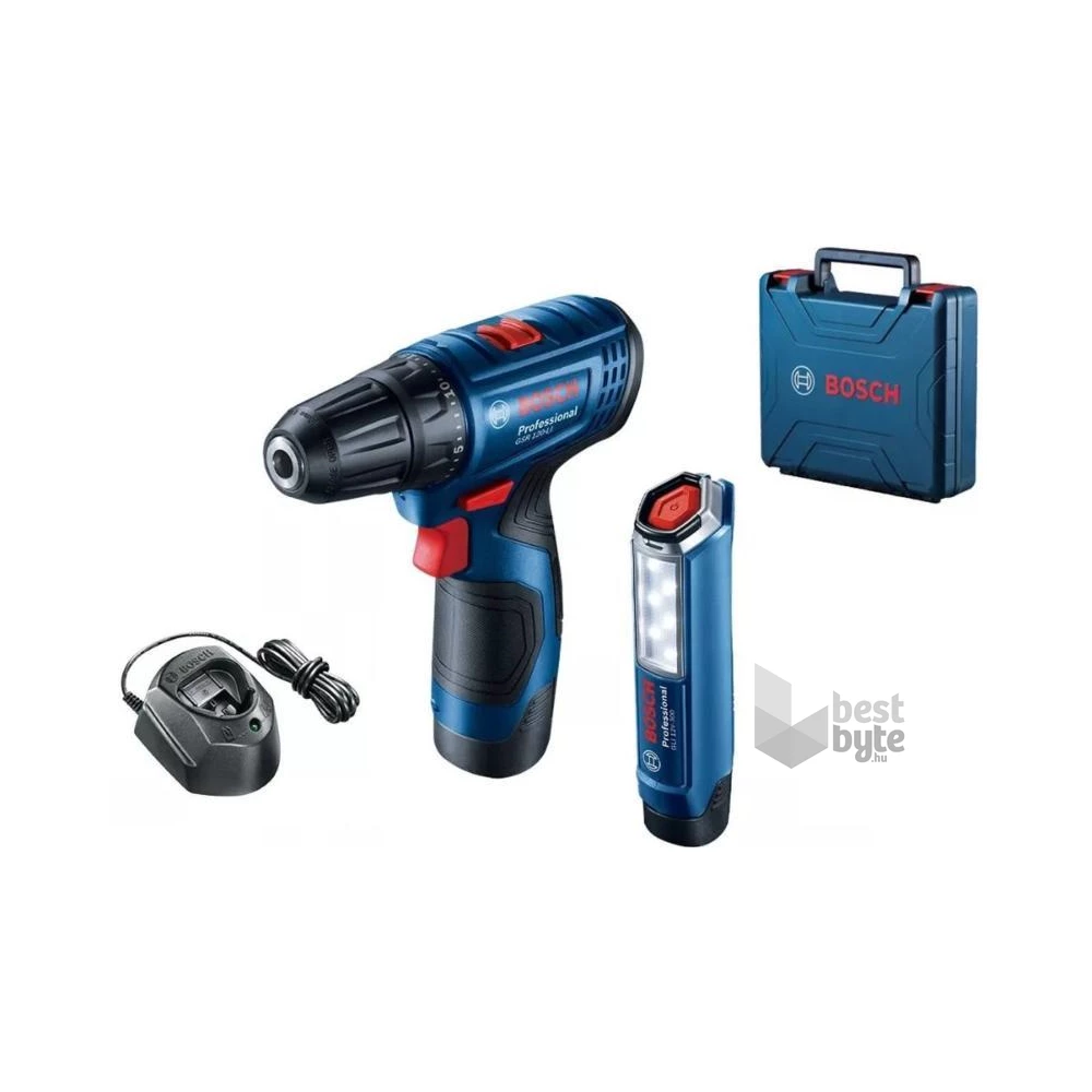 Bosch 06019G8004 GSR 120-Li 12V 2x2,0Ah kofferben akkus fúró-csavarozó + GLI 12V-300 lámpa