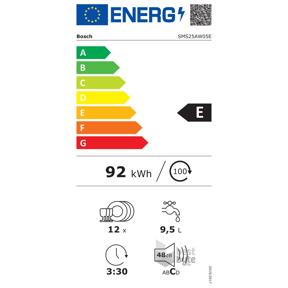 Bosch SMS25AW05E fehér, programok száma: 5, szabadonálló, 12 terítékes mosogatógép 