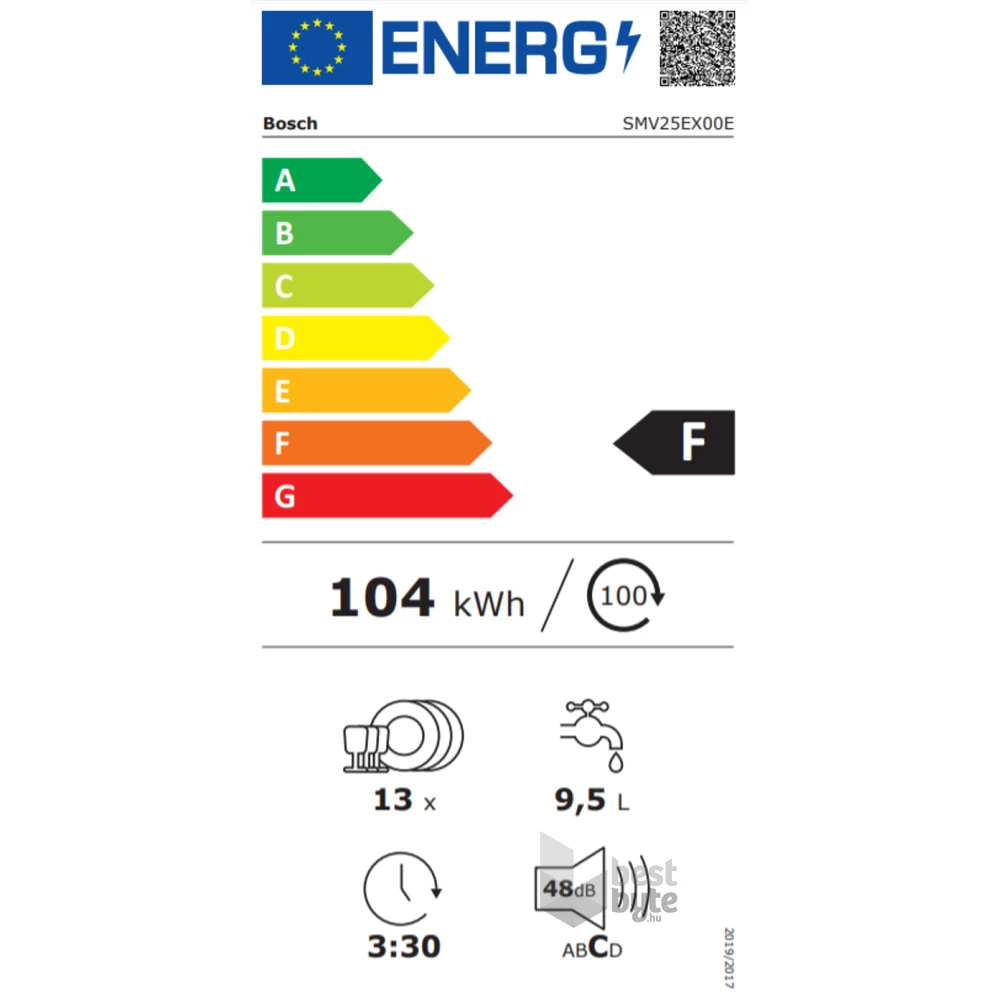Bosch SMV25EX00E programok száma: 5, beépíthető, 13 terítékes mosogatógép 