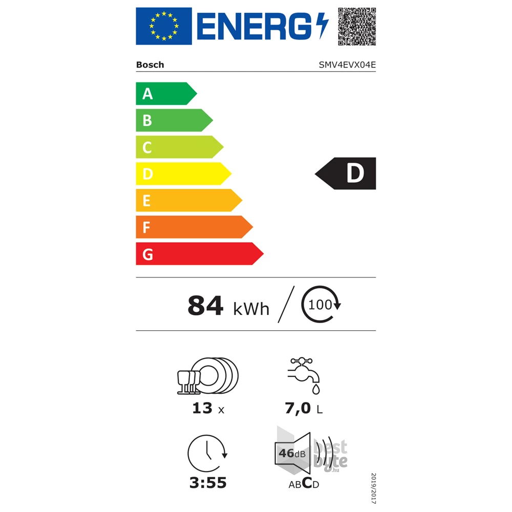 Bosch SMV4EVX04E programok száma: 6, beépíthető, 13 terítékes mosogatógép 