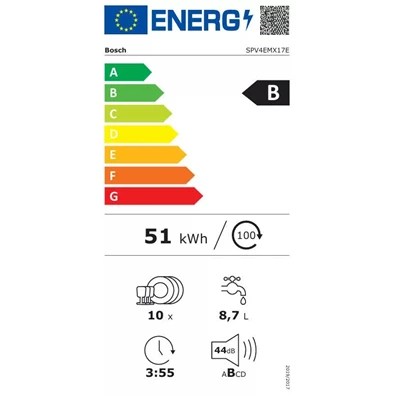 Bosch SPV4EMX17E ezüst, programok száma:6, beépíthető, 10 terítékes mosógatógép