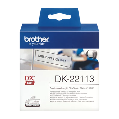 Brother Etikett címke DK22113, Átlátszó alapon fekete, folytonos, filmrétegű szalag 62mm, 62mm x 15.24M
