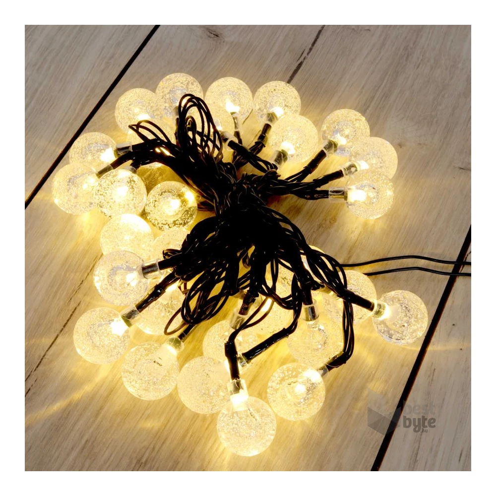 Buborékgömb alakú 23mm/8 programos/6,5m/IPX3 szabványos/meleg fehér/30db LED-es/napelemes fénydekoráció