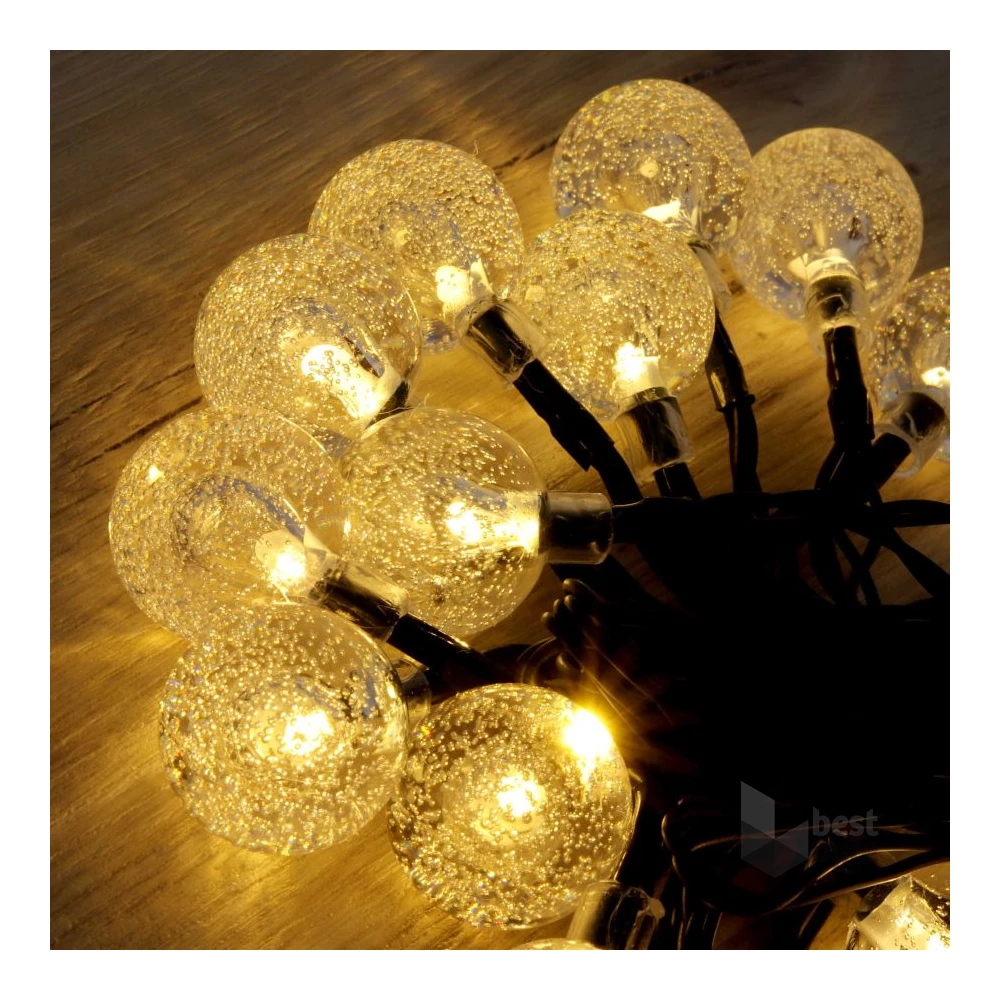 Buborékgömb alakú 23mm/8 programos/6,5m/IPX3 szabványos/meleg fehér/30db LED-es/napelemes fénydekoráció