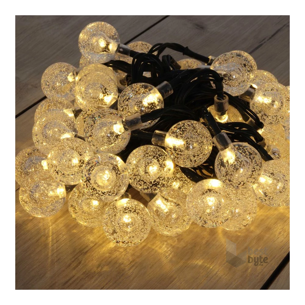 Buborékgömb alakú 23mm/8 programos/7m/IPX3 szabványos/meleg fehér/50db LED-es/napelemes fénydekoráció