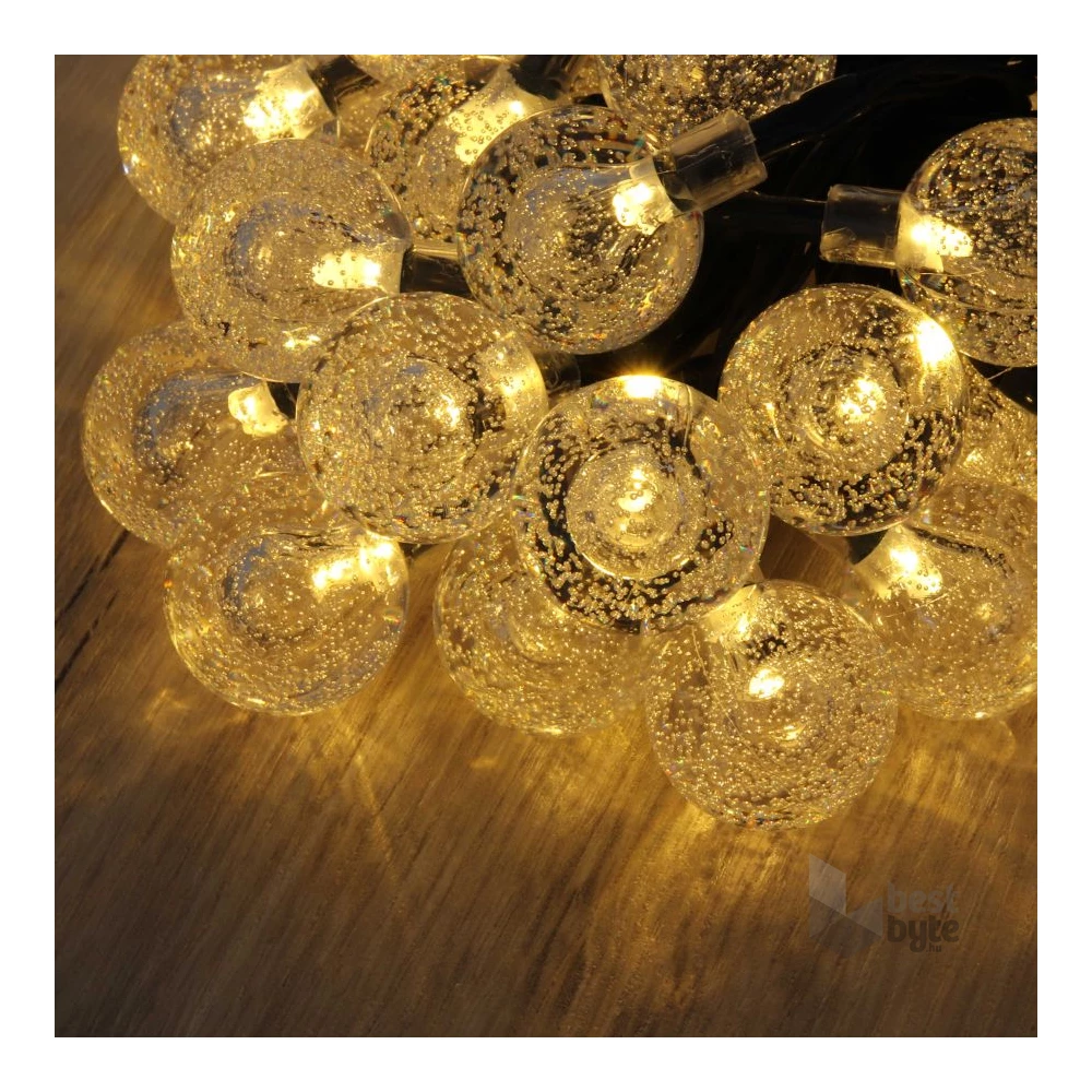 Buborékgömb alakú 23mm/8 programos/7m/IPX3 szabványos/meleg fehér/50db LED-es/napelemes fénydekoráció