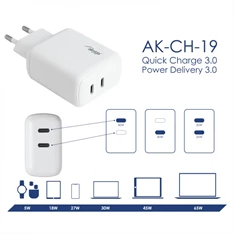 Akyga 2x USB-C PD 5-12V / max. 3A 40W Quick Charge 3.0 gyorstöltő