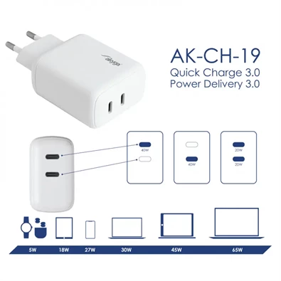 Akyga 2x USB-C PD 5-12V / max. 3A 40W Quick Charge 3.0 gyorstöltő