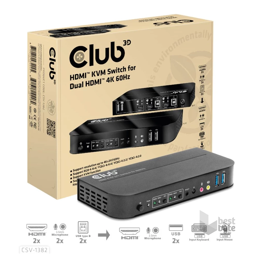 CLUB3D HDMI - Dual HDMI 4K 60Hz KVM switch
