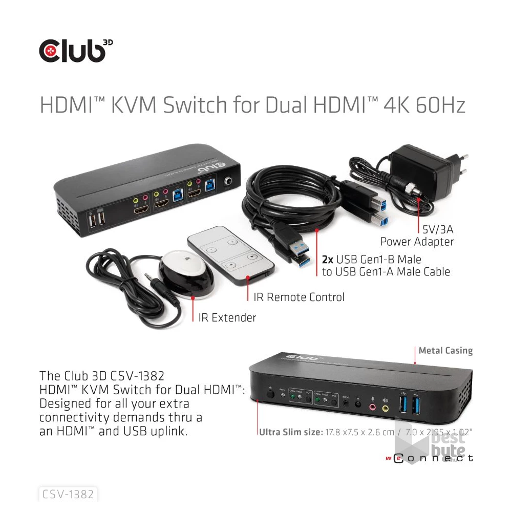 CLUB3D HDMI - Dual HDMI 4K 60Hz KVM switch