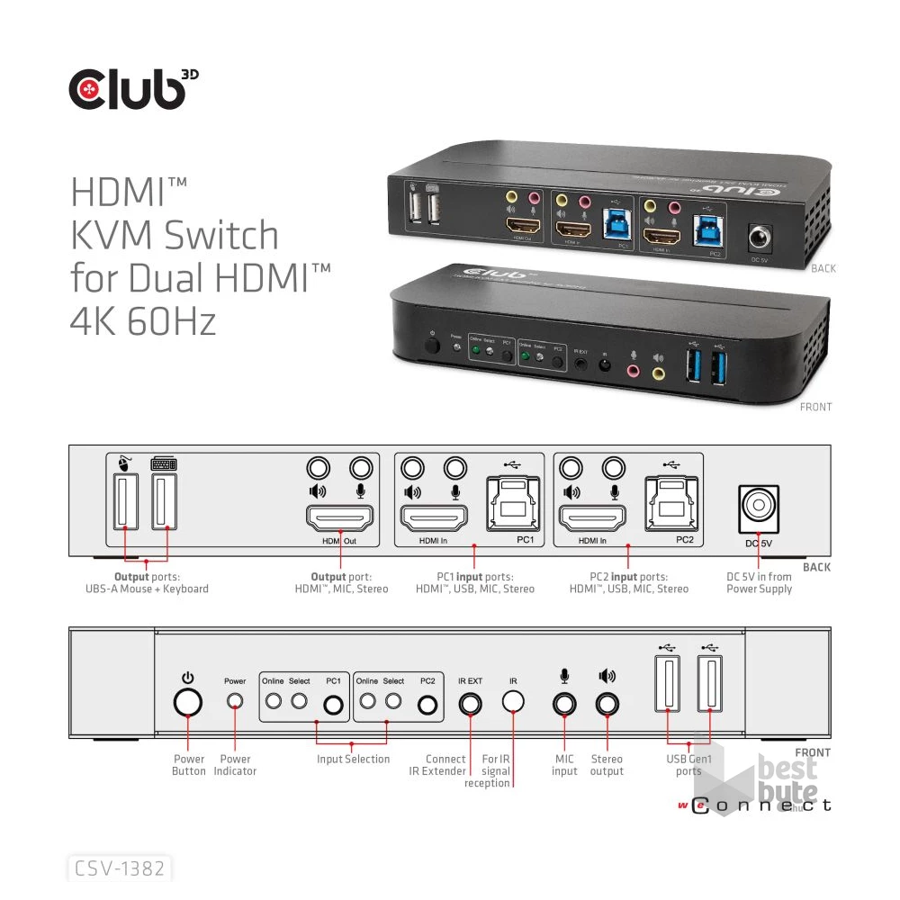 CLUB3D HDMI - Dual HDMI 4K 60Hz KVM switch