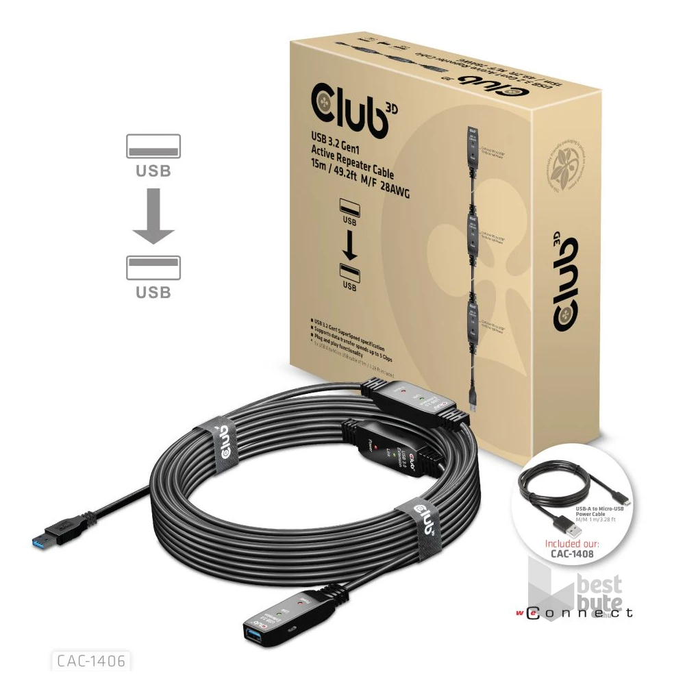 CLUB3D USB 3.2 Active Repeater 15m kábel