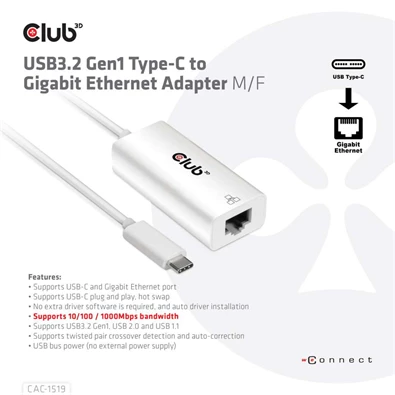 CLUB3D USB 3.2 Type C - Gigabit Ethernet adapter