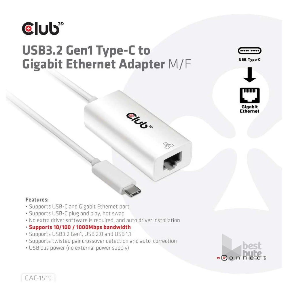 CLUB3D USB 3.2 Type C - Gigabit Ethernet adapter