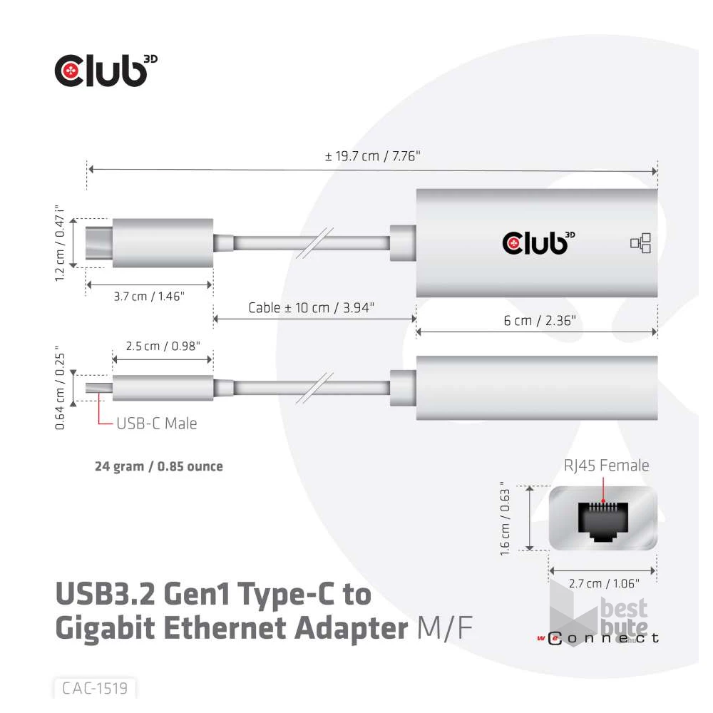 CLUB3D USB 3.2 Type C - Gigabit Ethernet adapter